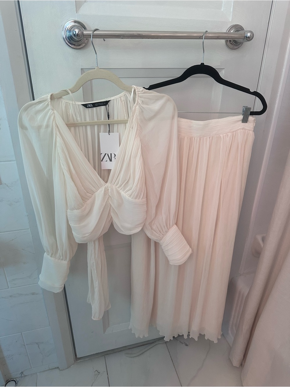 Zara Soft Cream Pleated Dress with Spaghetti Straps